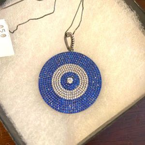 New diamond and blue sapphire evil eye pendant necklace gunmetal chain